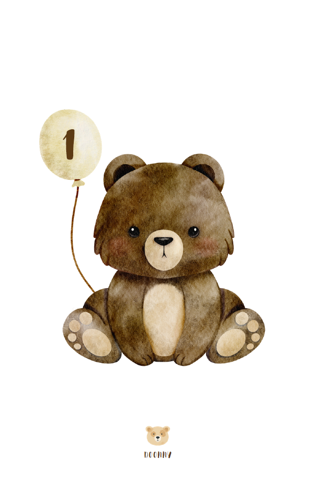 Carton du 1er mois de bébé style aquarelle, ours en peluche avec ballon numéroté, illustration Doonny
