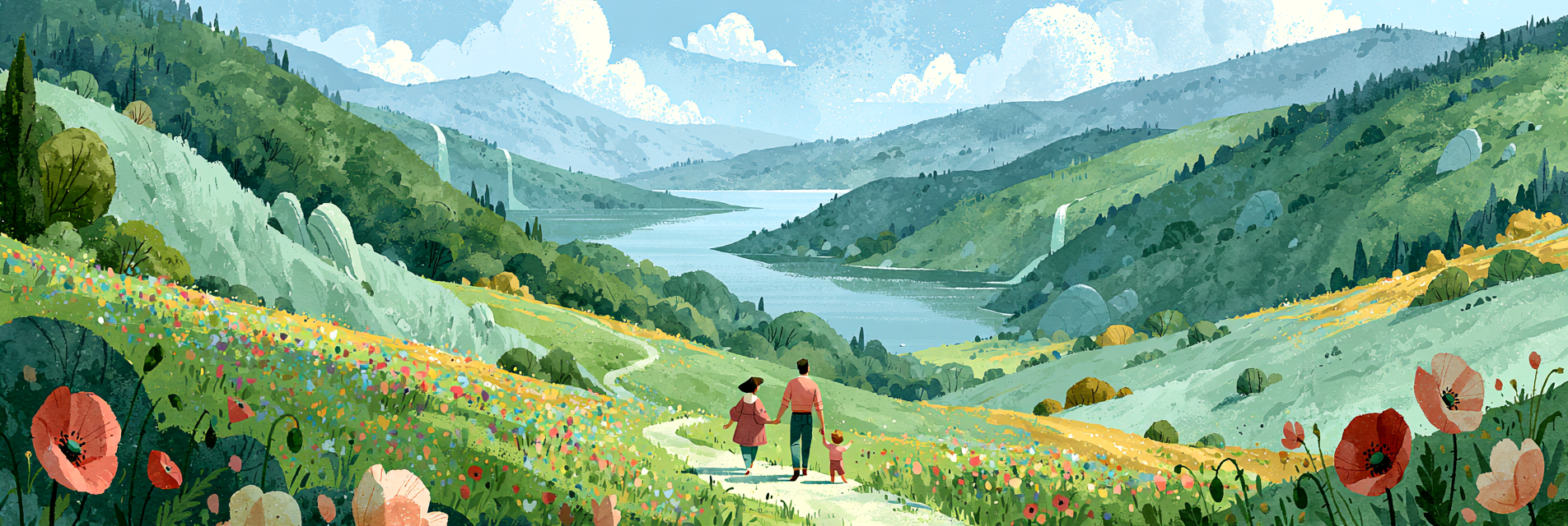 Illustration Doonny : famille marchant dans un paysage fleuri, guide grossesse en douceur