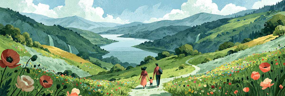 Illustration Doonny : famille marchant dans un paysage fleuri, guide grossesse en douceur