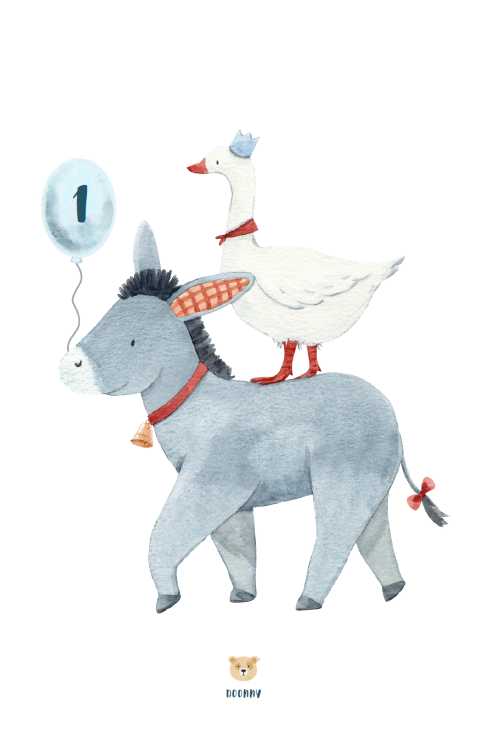 Carton du 1er mois de bébé style aquarelle, ânon et oisillon, illustration Doonny