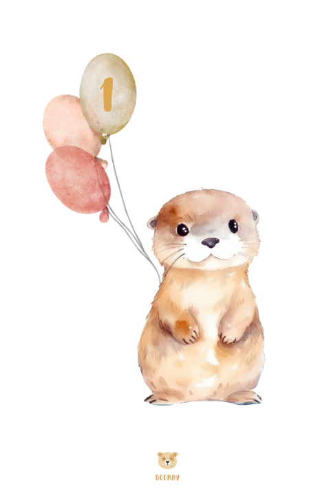 Carton du 1er mois de bébé style aquarelle, bébé loutre debout avec des ballons, illustration Doonny