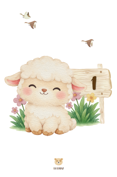 Carton du 1er mois de bébé style aquarelle, agneau assis dans l'herbe fleurie, illustration Doonny