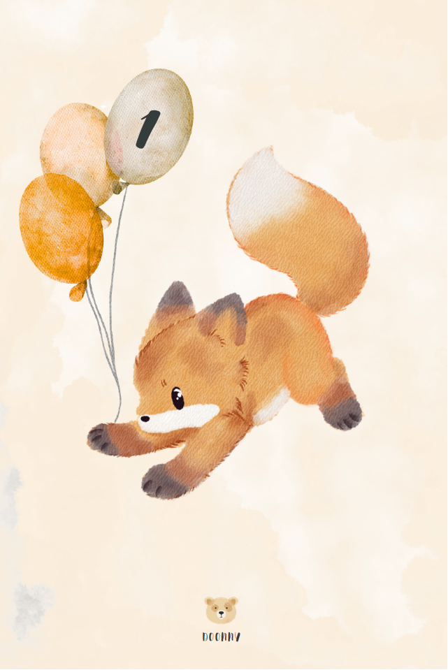 Carton du 1er mois de bébé style aquarelle, renardeau bondissant avec des ballons, illustration Doonny