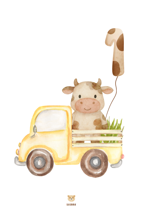 Carton du 1er mois de bébé style aquarelle, petite vache dans un camion jaune, illustration Doonny